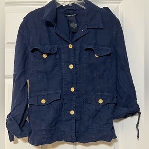 Lucky Brand Navy Blue 100% Linen Utility Military Jacket Roll Tab Sleeve Medium